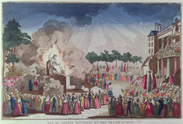 A Estátua do Ateísmo sendo destruída e substituída pela Estátua da Sabedoria no Festival do Ser Supremo, Jardim Nacional das Decorações, Paris, 8 de julho de 1794