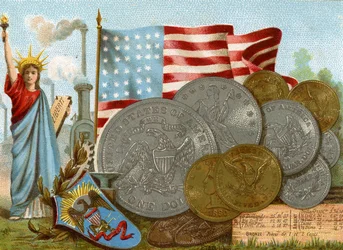 A Estátua da Liberdade ao lado de uma chaminé de fábrica, a bandeira americana e uma exposição de dólares, c.1890