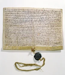 Os estatutos da Universidade de Paris, produzidos e concedidos pelo cardeal Robert de Courson, legado papal, em agosto de 1215 (velino e cera)