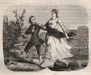 O filósofo suíço Jean Jacques (Jean-Jacques) Rousseau (1712-1778) ajudou Mademoiselle Galley a atravessar um riacho. Gravura de 1871 em "Histoire Des Cocus Celebres" de Henry de Kock (1819-1892).