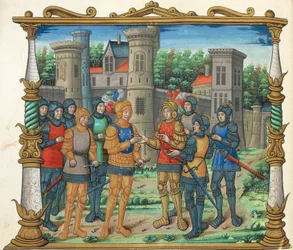 O Tratado de Conflitos (Paz dos Conflitos) entre Luís XI e o Duque de Borgonha, miniatura de Memórias de Philippe de Commines, manuscrito folio 32 verso, França Século XVI.