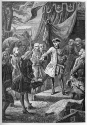 A Guerra da Sucessão Austríaca (1740-1748) - Embaixadores das Províncias Unidas apresentam-se perante Luís XV em 1747 - A Guerra da Sucessão Austríaca (1740-48) - Luís XV, Rei de França e Embaixador dos Países Baixos - gravura de "