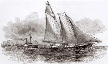 O Yacht America assumindo a liderança na Regata de Cowes de 1851, do Le Monde Illustre, 1851
