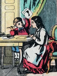 As actividades para raparigas de boas famílias: ajudar um irmãozinho nos seus trabalhos de casa - Foto epinal - século XIX (gravura)