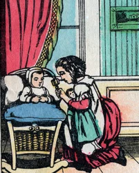 As actividades para raparigas de boas famílias: aprender a cuidar de bebés - Quadro epinal