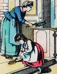 As actividades para raparigas de boas famílias: o trabalho doméstico - Quadro epinal - século XIX (gravura)
