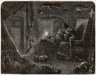 O alquimista, tendo prometido fazer ouro, trabalha no seu laboratório: o alquimista no século XVII - em "Paris a travers les cules" de Nicolas Jules Henri Gourdon de Kennouillac (1826-1898)