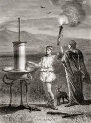 O antigo sistema semáforo hidráulico grego utilizado por Enéas para enviar uma mensagem, século IV a.C., de Les Merveilles de la Science, publicado c.1870 (gravura)