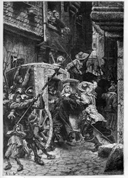 A prisão de Pierre Broussel (1575-1654) em 1648, sob a ordem de Ana da Áustria (1601-1666), provocando a revolta do povo (dias das barricadas) e da Fronde - Prisão de Pierre de Brousel, conselheiro no Parlamento de Paris, chamado Pai