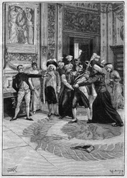 A prisão do Conde de Neipperg (1775-1829) por ordem de Napoleão 1 (1769-1821). Ilustração de "Madame Sans Gene" de Victorien Sardou (1831-1908) e Emile Moreau (1852-1922). Gravura em "La gazette du dimanche" de 21 de Novembro de 1895.