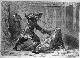 O assassinato do marquês Gianrinaldo Monaldeschi, amante da rainha Cristina da Suécia (1626-1689) - O assassinato do marquês Giovanni Monaldeschi em 1656, favorito da rainha Cristina da Suécia (1626-1689), no castelo de Fontainebleau. Gravura em