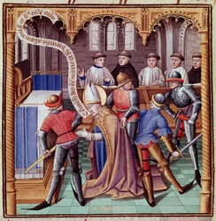 O assassinato de Thomas Becket em 1170 (Assassinato de São Tomás de Cantuária). Miniatura de 