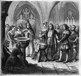 O batismo de João (Jehan) Ango (1488-1551), futuro navegador, na Igreja de São Remi em Dieppe. Gravura de 1865-1866.
