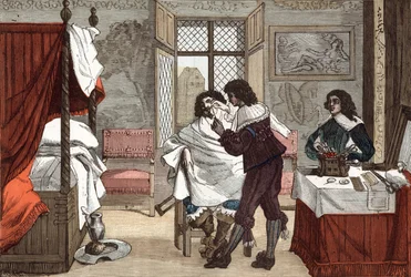 O barbeiro, França, gravura de Abraham Bosse (1604-1676), c. 1640, gravura de "Paris a travers les siecles" tomV