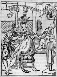 Na barbearia do século XVI, o cabeleireiro cuida do cabelo de um cliente. Em "A pitoresca loja" 1836