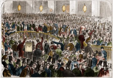 O cesto dos agentes de câmbio na Bolsa de Paris em 1867.
