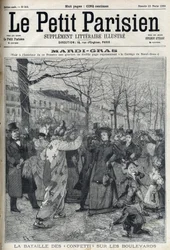 A batalha dos confetes na avenida parisiense durante o Carnaval (Mardi-Gras). Gravura em " Le petit Parisien" (O Petit Parisien)