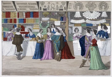As butiques da galeria do tribunal sob Louis XIII - em "Paris através dos séculos".