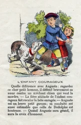 A criança corajosa. Uma criança defende a sua irmã contra um cão. O alfabeto dos meninos pequenos. O abecedário tem valor moral contendo exercícios de leitura. Imagens epinais do final do século XIX.