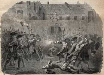 O bandido Louis Dominique Garthausen dit Cartridge (1693-1721) e seus companheiros que vão desuitalizar o Hotel Desmaretz em Paris, são surpreendidos e atacados pelos arqueiros após uma luta feroz, eles fogem pelos telhados - o bandido francês Louis Domini