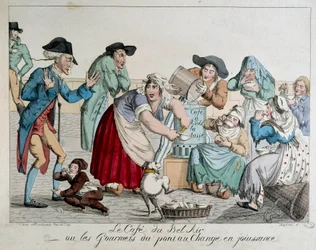 O Café du Bel Air ou os gourmets da Pont au Change apreciam os parisienses sem dinheiro bebendo café tem a xícara diante dos olhos assustados de um nobre. Impressão anónima do século XVIII. Paris, Musee Carnavalet