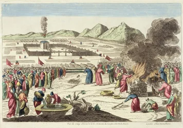 O acampamento dos israelitas e o sacrifício da vaca vermelha (gravura a cores)