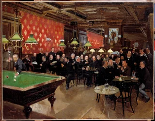 O círculo da União Republicana: membros da União Republicana reúnem-se no café para conversar e jogar bilhar durante a III República. Pintura anónima