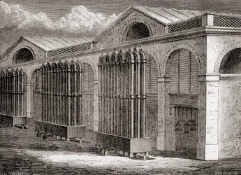 A fábrica de condensador de gás de carvão em La Villette, Paris, França no século XIX, de "Les Merveilles de la Science", publicado c.1870 (gravura)