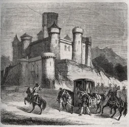 O cortejo de Rigonde (Rigonthe) (cerca de 569 - após 589) deixa Paris para ir ao seu noivo, o Príncipe Recarede. Gravura de 1871 em "Histoire Des Cocus Celebres" de Henry de Kock (1819-1892).