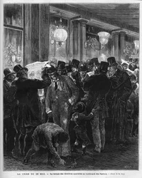 A crise de 16 de Maio de 1877: leitura das últimas notícias sobre a boulevard des Italians em Paris. Esta crise política francesa é o resultado da carta de Mac Mahon (Mac-Mahon) criticando a atitude do Presidente do Conselho Jules Simon, que acabará por se
