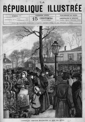 A multidão em frente à entrada do cemitério de Montmartre em Paris no dia dos mortos (Toussaint). Um jornal. Gravura de 1880 em "La republique illustree" coleção particular.