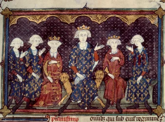 Os malditos reis: Filipe IV o belo (1268 - 1314) rodeia sua filha Isabel (Rainha da Inglaterra) e seus três filhos Luís (Rei Luís X), Carlos (Rei Carlos IV), Filipe (Rei Filipe V), e seu irmão Carlos de Valois - Miniatura de La