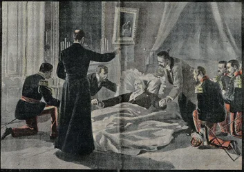 A morte de Felix Faure (1841-1899), presidente da França, Abbe Renault deu-lhe a absolvição. Gravura em "Le Pelerin" 26/02/1899.