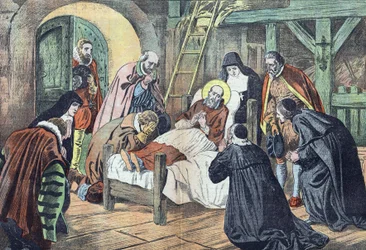 A morte de São Francisco de Sales, a 18 de dezembro de 1622, em Lyon, foi rodeada de fideles. "Le pelerin" de 31/12/1922 (gravura)