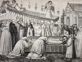 A morte de São Bento de Núrsia na abadia de Monte Cassino, de «Vida militar e religiosa na Idade Média», de Paul Lacroix, publicado em Londres cerca de 1880