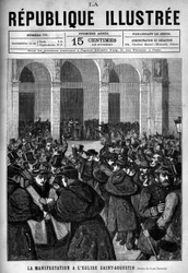 A manifestação na Igreja de Santo Agostinho (Saint-Augustine) em Paris: aquecida entre a polícia parisiense e manifestantes hostis aos decretos de março de 1880, tomados por Jules Ferry, que suprimem o direito de ensinar congregações religiosas não autoriz