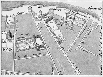 O bairro do Collège des Quatre-Nations (Quatro Nações) e o Hôtel de Conti, fac-símile da planta de J. de la Caille