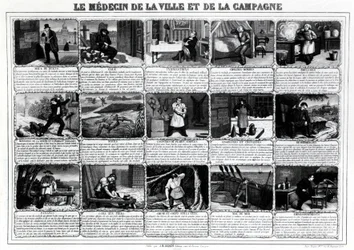 O médico da cidade e do campo e seus diferentes pacientes, publicado por J.B. Gadolachez Cours de Brosses em Lyon, no final do dia 19. ¿