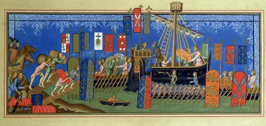 O embarque dos Cavaleiros do Espírito Santo para as cruzadas, depois de uma miniatura no manuscrito Statuts de lordre du Saint-Esprit de Nápoles, no Louvre, gravada por Felix Regamey (1844-1907)