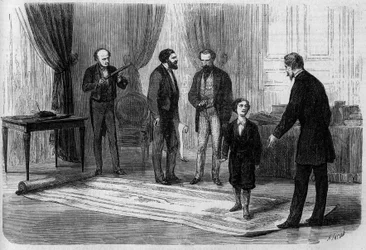 O engenheiro Boutet apresentou ao Imperador Napoleão III (1808-1873) o seu plano para uma ponte ferroviária entre a França e a Inglaterra, na presença do seu filho Príncipe Imperial (1856-1879).