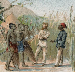 O explorador Paul Crampel (1864 - 1891) parlamentarizando-se com os nativos do Congo. Cromolitografia do século XIX.