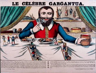 O famoso personagem Gargantua dos romances de François Rabelais (1494-1553), escritor francês. Gargântua tem um dossel grande e tem todo o tipo de pratos. Epinal Imaging of the 19th century -