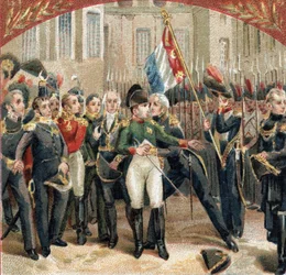 A despedida de Napoleão Bonaparte (1769-1821) tem a guarda imperiosa no pátio de Cheval Blanc, no castelo de Fontainebleau, em 20/04/1814. Cromolitografia do final do século XIX