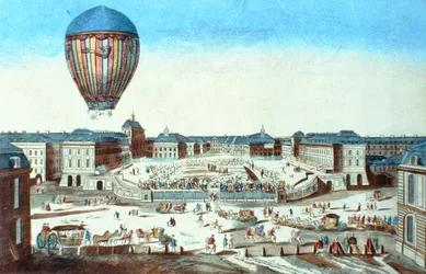 O primeiro voo do balão de ar quente de Pilatre du Roziers, em homenagem ao seu patrocinador, M. Montgolfier, em Versalhes, em 23 de junho de 1784