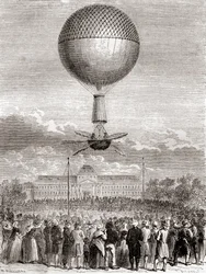 O primeiro voo de sucesso de Jean-Pierre François Blanchard em 2 de Março de 1784, num balão de gás hidrogênio lançado do Champ de Mars, Paris, França, de Les Merveilles de la Science, publicou c.1870 (gravura)