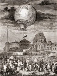O voo do Aérostat Réveillon no dia 19 de Setembro de 1783 pelos irmãos Montgolfier em Versalhes, França, perante o Rei Luís XVI de França e a Rainha Maria Antonieta, de Les Merveilles de la Science, publicado c.1870 (gravura)