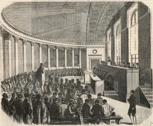 O grande anfiteatro durante um concurso na Faculdade de Direito de Paris - Gravação em "Tableau-de-Paris" de Edmond Texier 1852