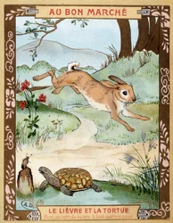 A lebre e a tartaruga (Fable de La Fontaine) - Bon Marché autocolante publicitário, final do século XIX
