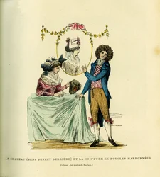 O chapéu, o sentido na frente das costas e o penteado em fivelas marrons.