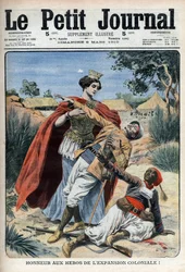 Os heróis do colonialismo (no Norte de África) são homenageados com a gravura alegórica "Le Petit Journal", 6 de Março de 1910 (gravura)